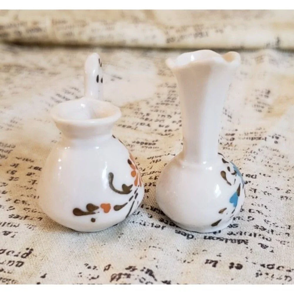 Artsy, Cottagecore - 2 Vintage Mini Pitchers with Flowers and Dots on Handles